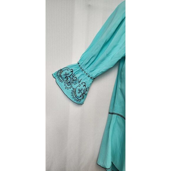 Woman's Tunic Top Blouse Aqua Blue Krista Lee Tranquil Embroidery Beaded Hi-Lo - Picture 4 of 11
